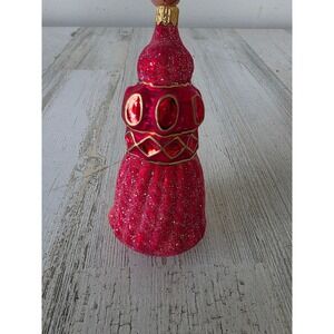 Vintage radko fancy fringe red glitter‎ red indent glass ornament Xmas tree